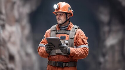 Fototapeta premium Miner Using Digital Tablet in Underground Tunnel with Safety Gear to Ensure Efficient Operations and Communication in Modern Mining Environment