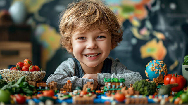 Happy child learning geography and healthy eating with toy food and world map