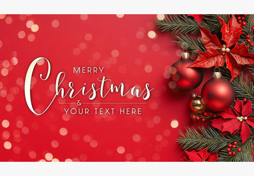 Christmas Card Mockup With Decorations On Red Background