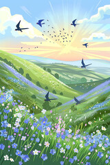 Pastoral Vista with Meadow Flowers and Soaring Birds against a Bright Sky