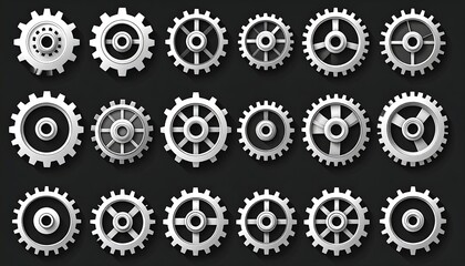 Array of monochromatic cogwheels arranged in rows on a dark background