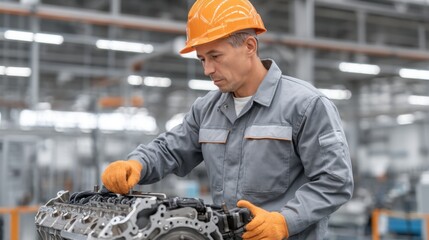 Skilled Worker in Safety Gear Assembling Engine Components in Modern Industrial Facility with Bright Lighting and Focused Expression