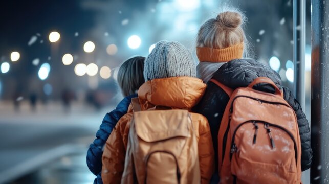Children waiting for school bus in snowy winter scene with backpacks and warm clothing