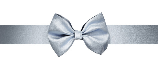 Christmas silver bow isolated on white background. Shiny ribbon band tie for present package decor.