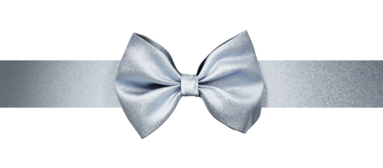Christmas silver bow isolated on white background. Shiny ribbon band tie for present package decor.