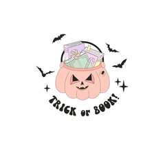Retro Halloween Pumpkin Trick-or-Treat Basket with Books and Candies Illustration. Spooky Bookish Vintage Aesthetic Clipart for Journaling, Scrapbooking, Digital Planners