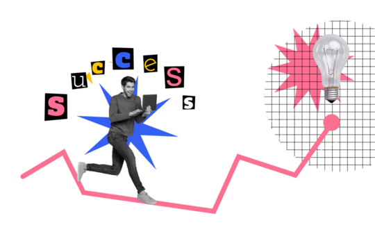 Composite collage image of funny young man success create hurry business strategy electric bulb fantasy billboard comics zine minimal - Powered by Adobe