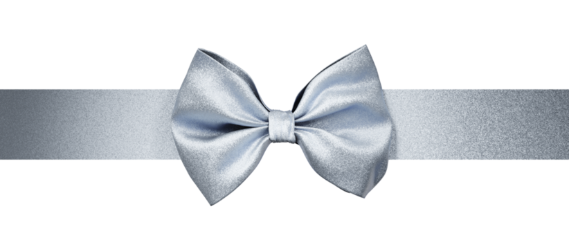 Christmas silver bow isolated on white background. Shiny ribbon band tie for present package decor.