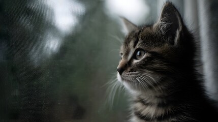 Obraz premium A young tabby kitten gazes intently out of a window screen captivated by the world outside