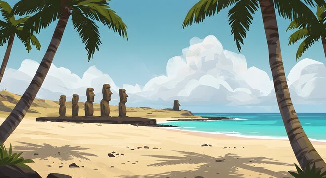 Cartoon depiction of a sandy beach with Moai statues and palm trees under a partly cloudy sky - Powered by Adobe