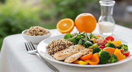 Healthy chicken salad with orange and quinoa on a white plate