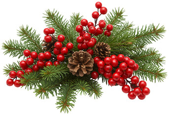 Obraz premium Festive red berries and evergreen branches for holiday décor, isolated on white or transparent background. PNG