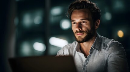 A focused man working on his laptop late at night in a modern office illuminated by screen glow and soft bokeh lights
