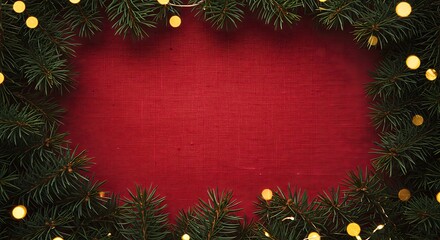 Christmas background with fir tree branches and lights on a red textured surface