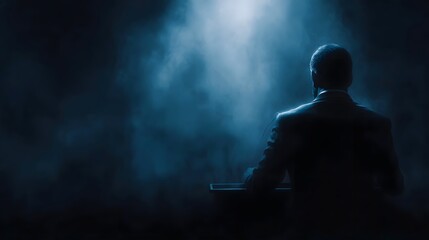 Fototapeta premium Man in suit at podium spotlighted in smoky atmosphere during presentation or speech