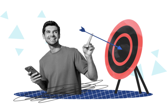Composite photo collage of happy businessman freelancer hold phone point target arrow aim development success isolated on painted background