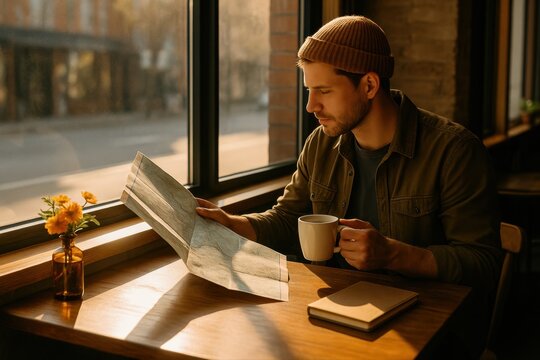  Traveler with Map by the Window Café