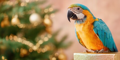 Colorful macaw parrot perched on a golden gift box near a Christmas tree with ornaments. Festive holiday scene with bright feathers and glowing background lights.