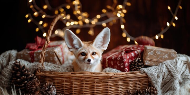 Adorable fennec fox with large ears sitting in a wicker basket surrounded by pine cones and wrapped Christmas gifts. Warm lighting and sparkling bokeh create a cozy holiday atmosphere.