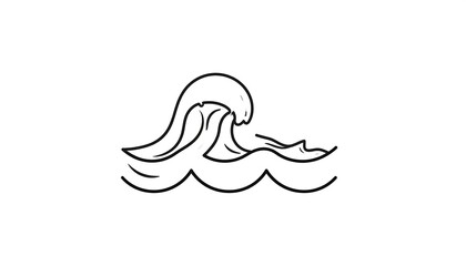 A stylized, black and white illustration of ocean waves in motion. The minimalist design depicts cresting waves and the movement of water