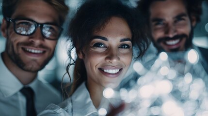 A diverse smiling business team collaborating in a modern office environment illuminated by soft blurred lights