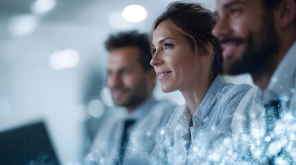 Business professionals collaborate in a modern office environment with digital connections and light effects