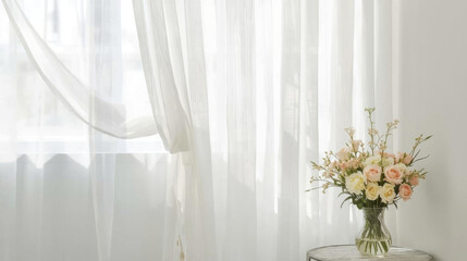 Vase of pastel flowers sits on table by window with sheer curtains, creating serene and elegant atmosphere