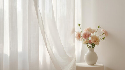 Soft light filters through sheer curtains, illuminating vase of pastel flowers on table, creating serene and elegant atmosphere