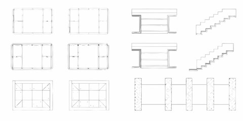 Architectural and construction element sketches including furniture shelving stairs and fencing designs