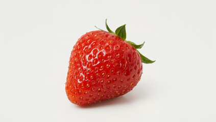 Isolated fresh strawberry with detailed seeds and glossy surface on clean white background, realistic macro lighting.