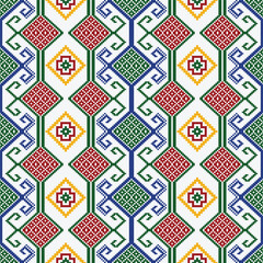 Thai Geometric Pattern in Red, Yellow, Green, Orange, and White on White Background Elegant Fusion Design for Fabric and Tile Decoration