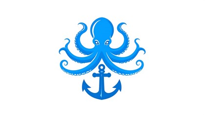A stylized blue octopus with eight curling tentacles sits atop a blue anchor on a white background, creating a nautical themed design