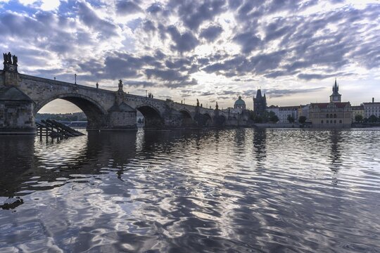 Vltava and Charles Bridge, Old Town Bridge Tower, Bedrich Smetana Museum in the former waterworks, behind the Old Town Water Tower, Prague, Bohemia, Czech Republic