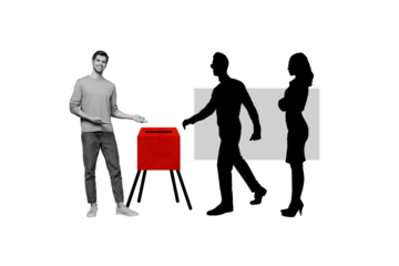 Composite photo collage of happy show vote box shadow anonym people election registration democracy isolated on painted background