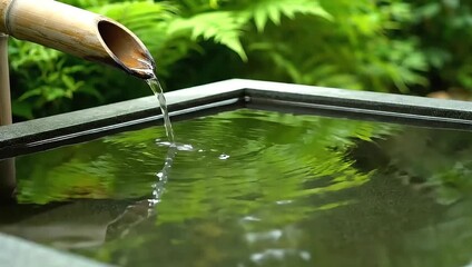 Serene Japanese Garden Water Feature with Bamboo Spout and Pond. Creating a Peaceful Looping Background.
