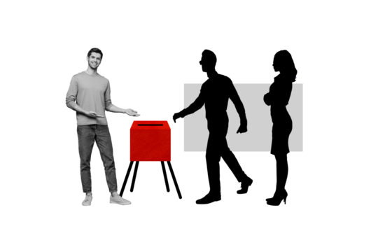 Composite photo collage of happy show vote box shadow anonym people election registration democracy isolated on painted background