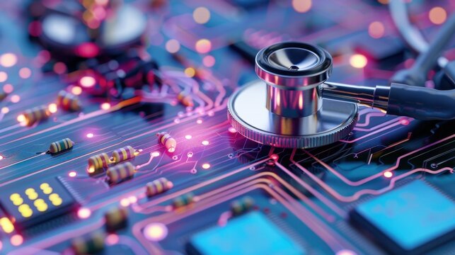 Modern Technology and Healthcare Concept with Stethoscope on Circuit Board Background for Medical Innovations