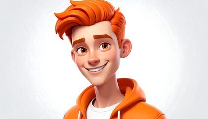 A stylized cartoon portrait of a young man with bright orange hair and a matching hoodie, smiling with a cheerful expression