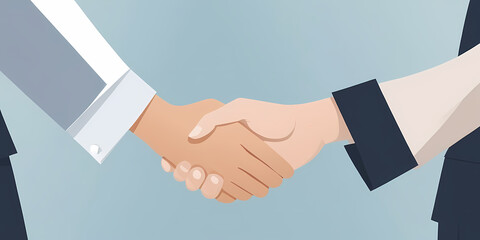 A flat vector illustration of two business professionals shaking hands against a light blue background