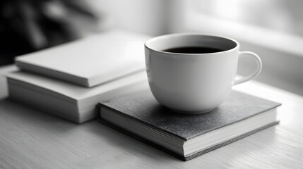 A white coffee cup sits on a stack of books on a wooden table in soft monochrome daylight