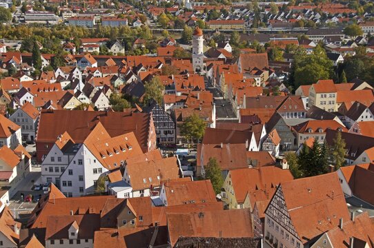 View from the 89.5 metre high tower, the Daniel, Protestant Parish Church of St. George, over the rooftops of N&ouml;rdlingen, Donau-Ries, Bavarian Swabia, Bavaria, Germany