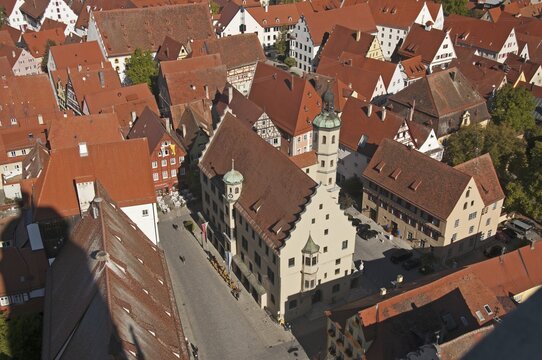 View from the 89.5 metre high tower, the Daniel, Protestant Parish Church of St. George, over the roofs and the town hall of N&ouml;rdlingen, Donau-Ries, Bavarian Swabia, Bavaria, Germany