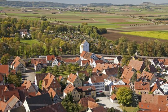 View from the 89.5 metre high tower, the Daniel, Protestant Parish Church of St. George, over the rooftops of N&ouml;rdlingen, Donau-Ries, Bavarian Swabia, Bavaria, Germany