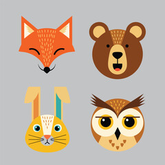 A collection of four stylized geometric woodland animal faces a fox bear rabbit and owl.