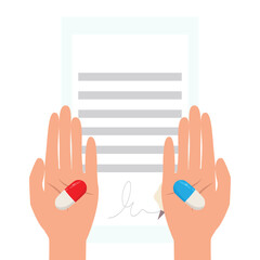 Choice between medicine capsules, prescription form, healthcare, red or blue pill, patient, hands, flat vector style