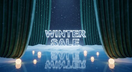 Winter sale promotion template. Holiday shopping season ad, seasonal discounts, blue snowy background, festive curtains. Use for marketing campaigns, graphic design.