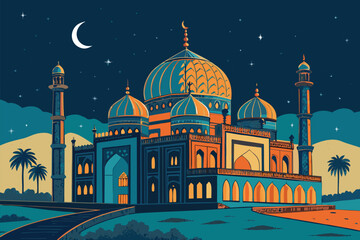 A stylized mosque stands majestically under a starry night sky. This is a 55 character prompt.