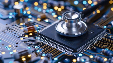 Detailed Close-Up of a Stethoscope on Computer Circuit Board Highlighting Technology and Healthcare Intersection