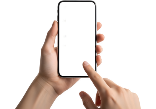 Hands holding smartphone with blank white screen, finger touching display, isolated on black background for app showcase and mobile technology concepts - Powered by Adobe