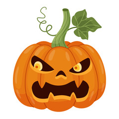 Halloween pumpkin, Jack o' lantern wicked. Hand drawn trendy flat style. Perfect for Halloween party invitation, greeting card, banner, stickers, poster. Spooky Jack. Vector illustration